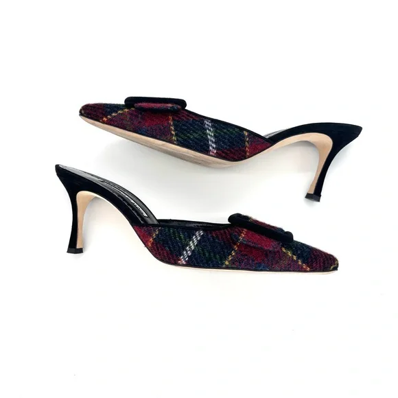 Manolo Blahnik Maysale Plaid Tweed Slip On Kitten Heel Mules 39.5 - Picture 6 of 10